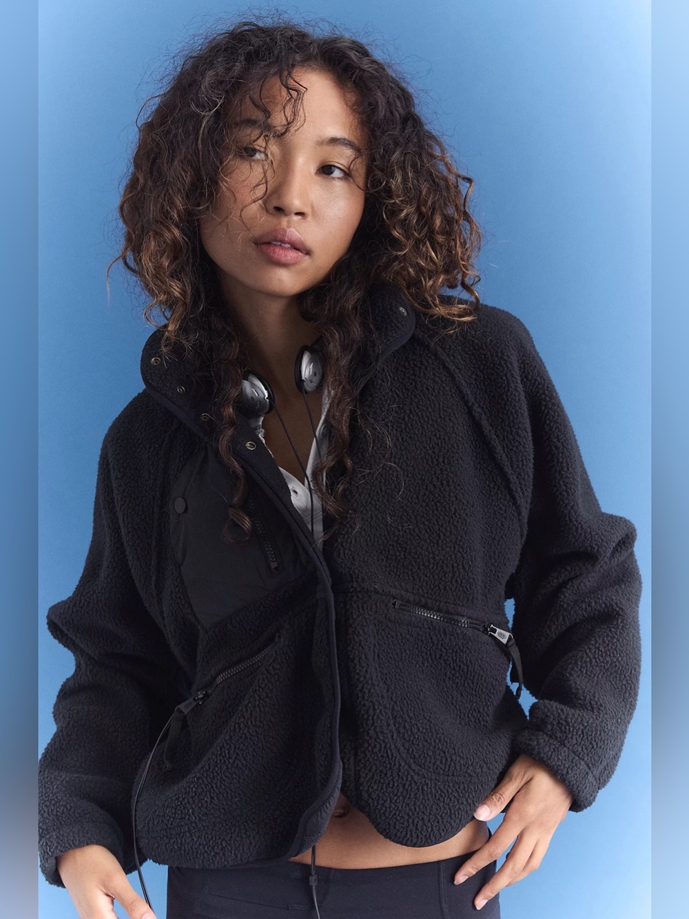 Free People Black Sherpa Fleece Jacket sz L Black